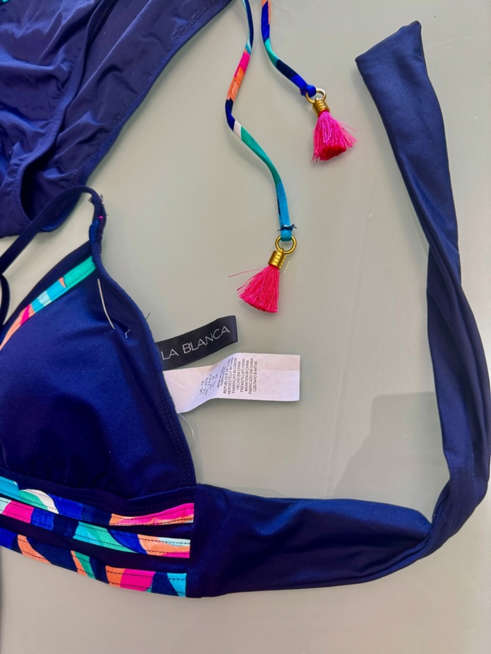 La Blanca Navy Bikini with Multicolor Trim and Tassel Ties - Picture 3 of 11